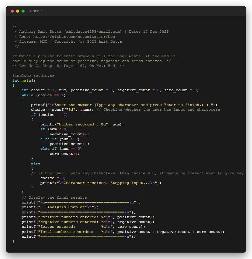 Write a program to enter numbers till the user wants. At the end it should display the count of positive, negative and zeros entered.